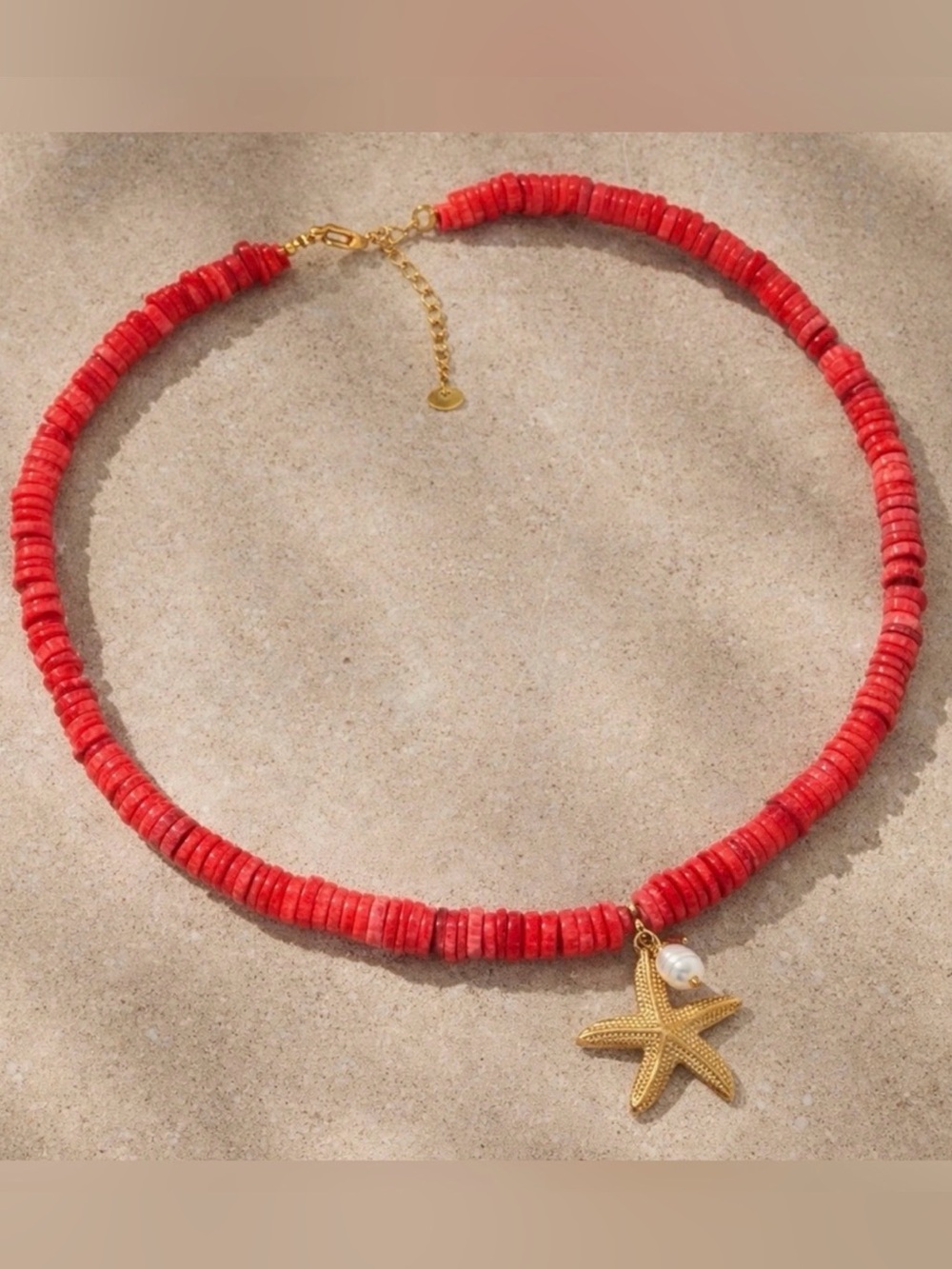 Red Beaded Necklace with Gold Starfish Charm